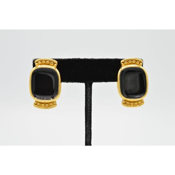 Givenchy Vintage Clip On Earrings Black Enamel Gold Tone Runway Signed 1980s 9I - Picture 1 of 9